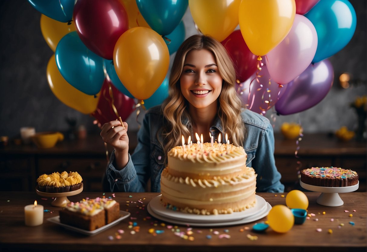 A person celebrating their 18th birthday with balloons, confetti, and a cake